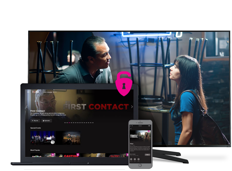 APTN lumi being shown on a desktop computer, laptop, and phone